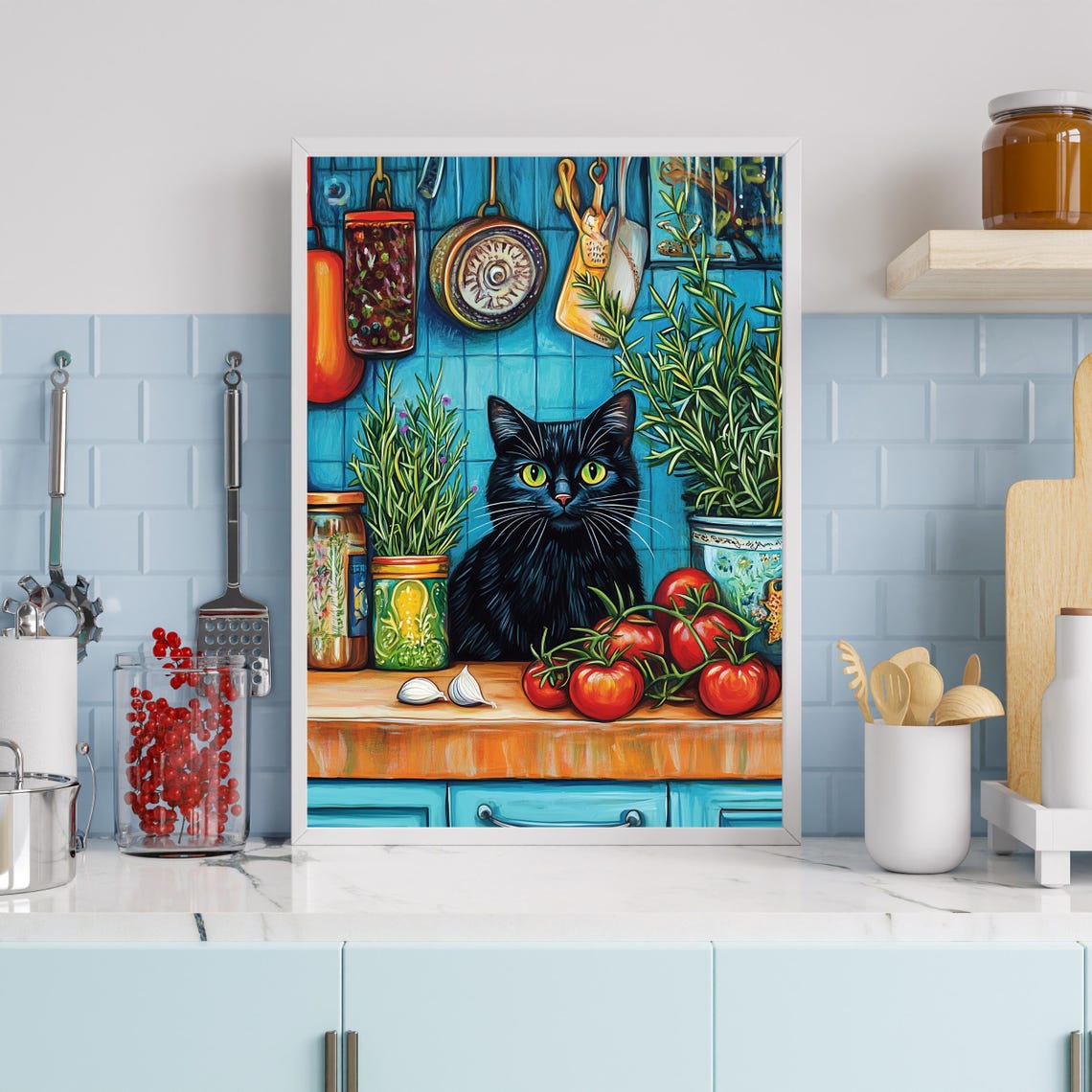 Black Cat Kitchen Scene Poster Colorful Still Life Tomatoes And Herbs - Image 2