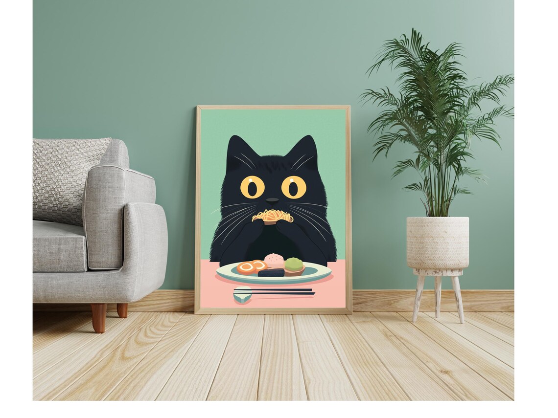 Black Cat Eating Sushi Cute Japanese Food Kitchen Decor Poster - Image 2