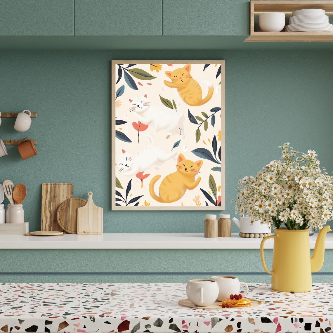 Happy Playful Kittens Frolicking Among Leaves Nursery Poster - Image 2