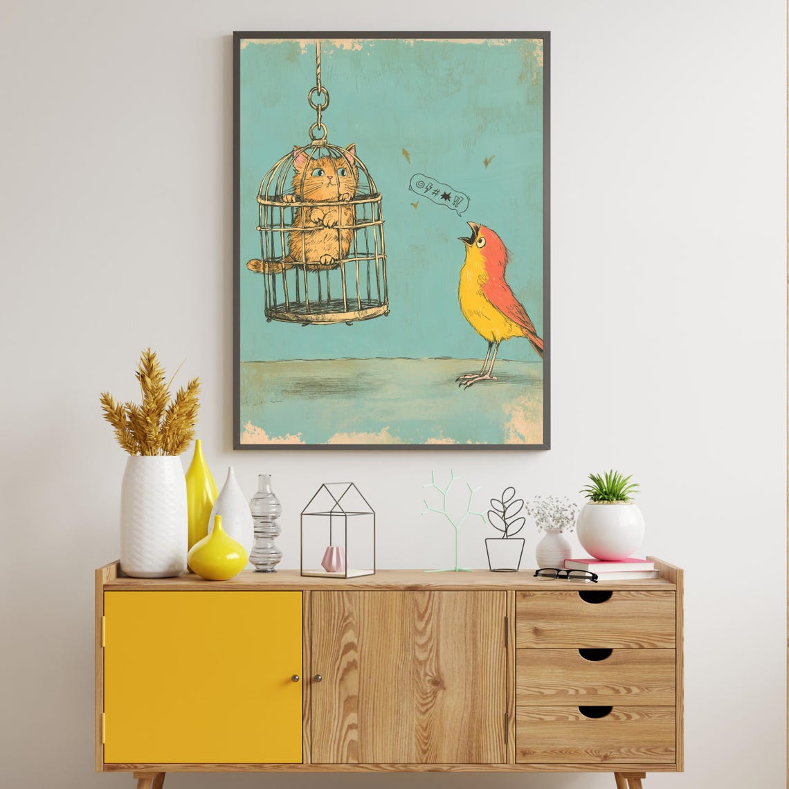 Naughty Orange Cat Trapped In A Birdcage Teasing The Bird Poster - Image 3
