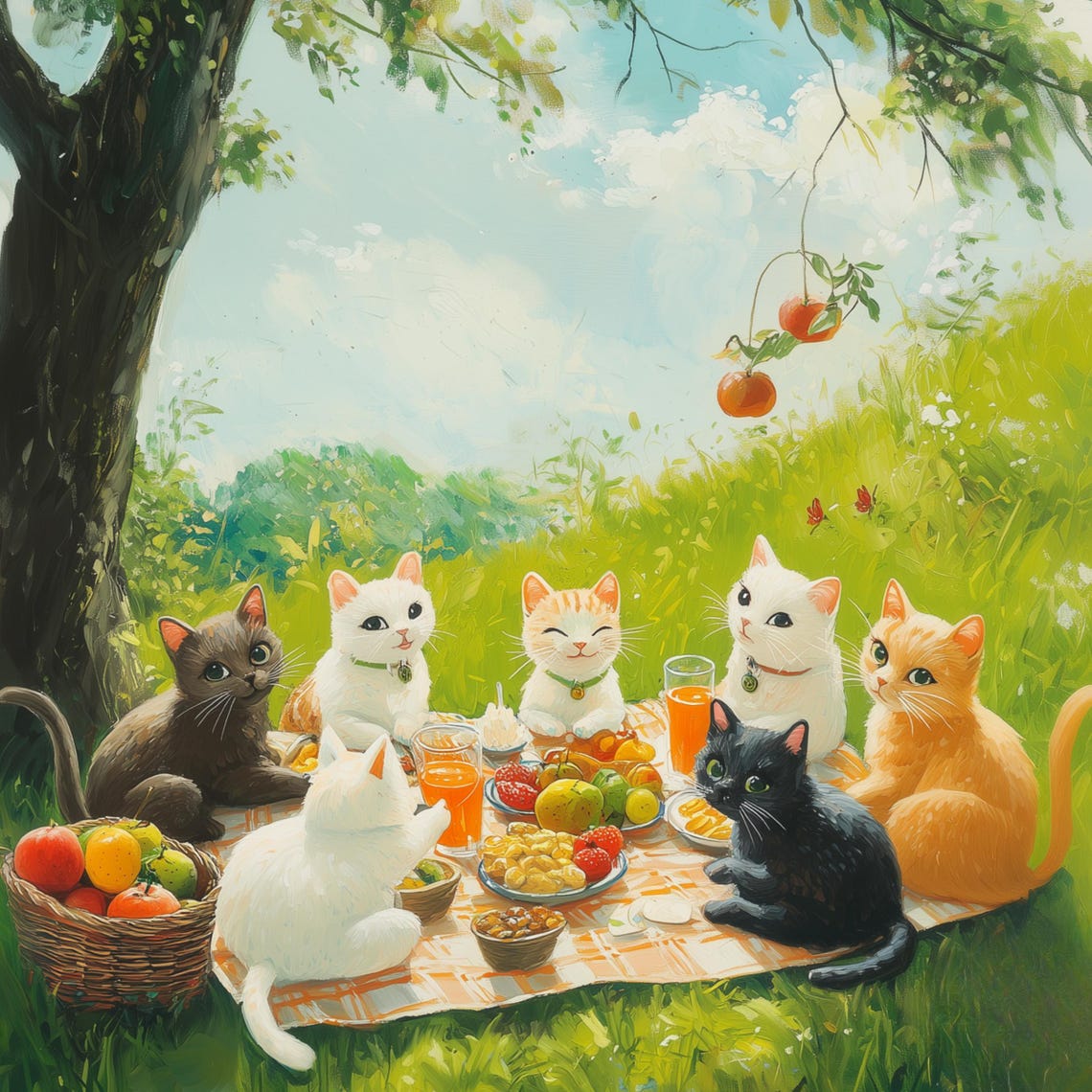 Adorable Cat Friends Enjoying A Sunny Picnic Under Tree Poster - Image 3