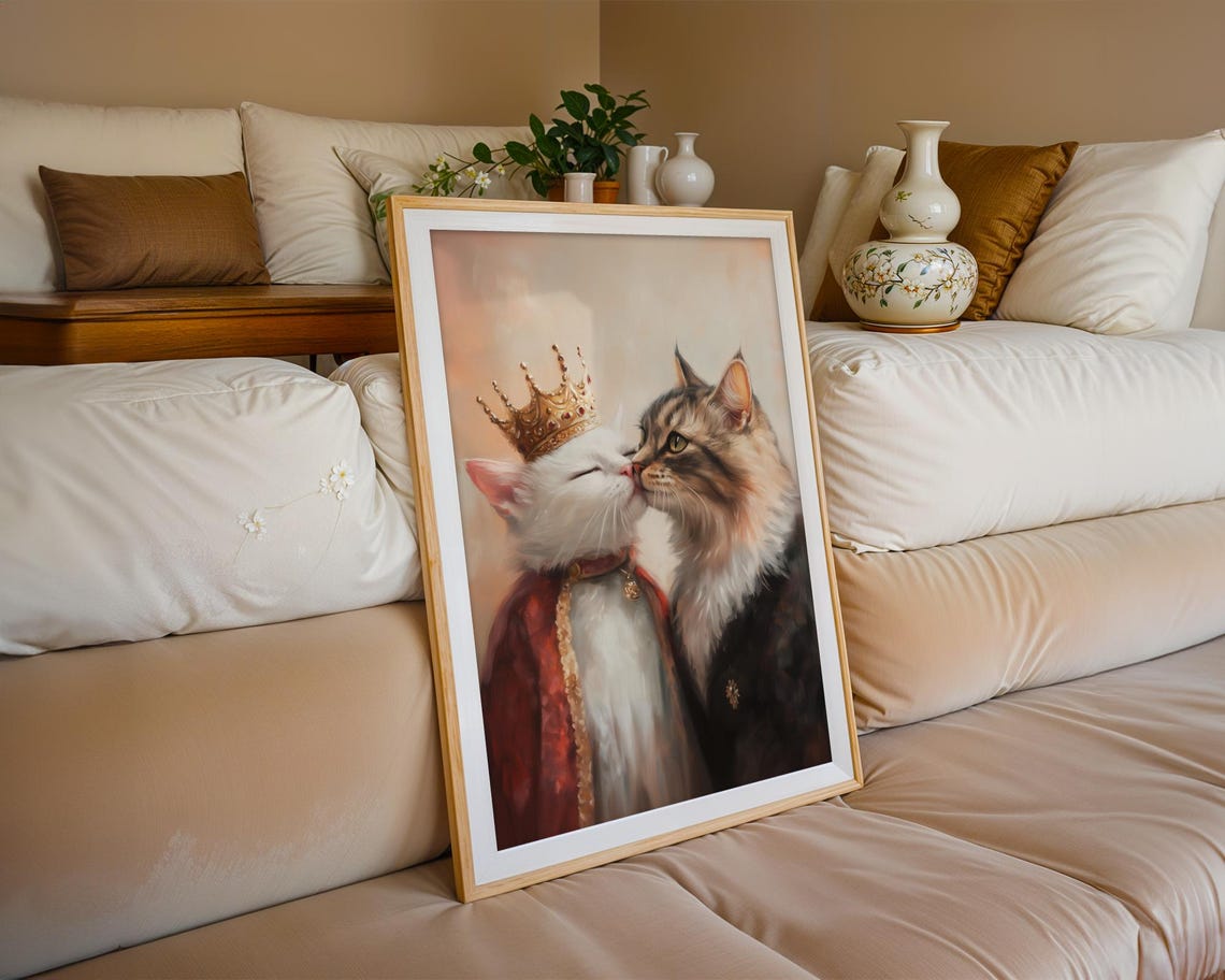 Royal Cat Couple Wall Art Cat Couple Painting Quirky Cat Poster Regal Cats Painting Whimsical Couple Decor Fantasy Art Cat Print - Image 2