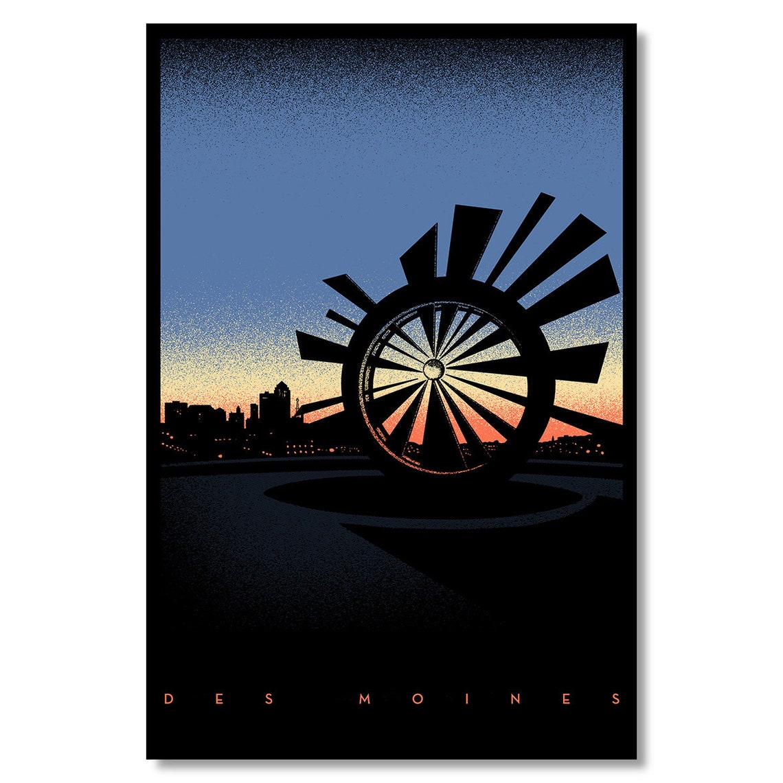 Des Moines Iowa Poster Shattering Silence Sculpture Sunset Skyline Art