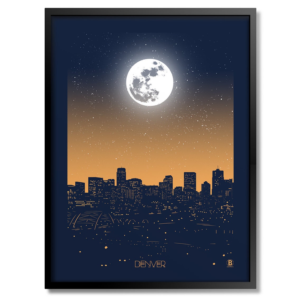 Denver Colorado Full Moon Night Skyline Golden Sky Starry Poster