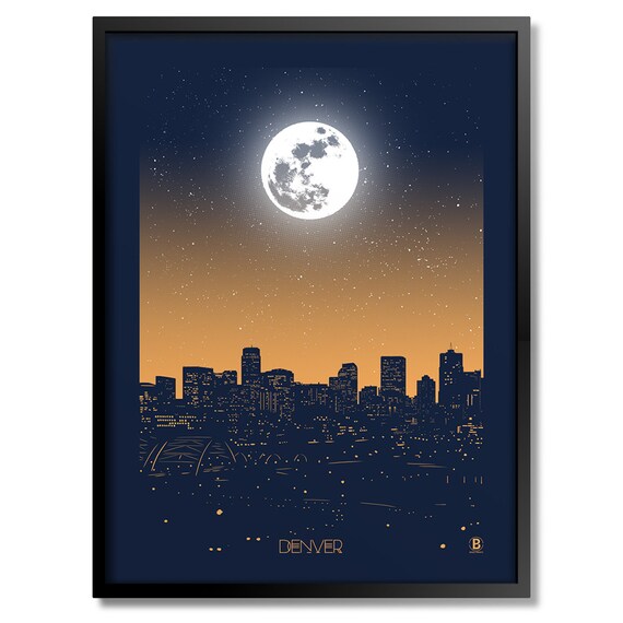 Denver Colorado Full Moon Night Skyline Golden Sky Starry Poster