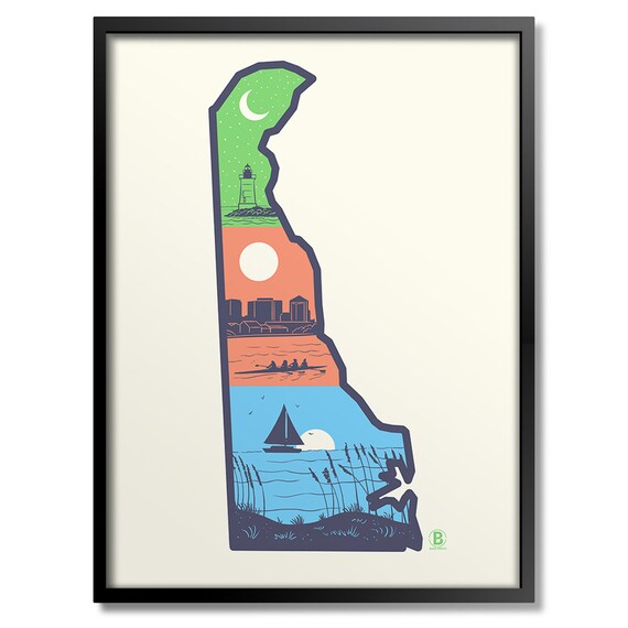 Delaware Layers Art Lighthouse Sailboat Beach State Map Poster