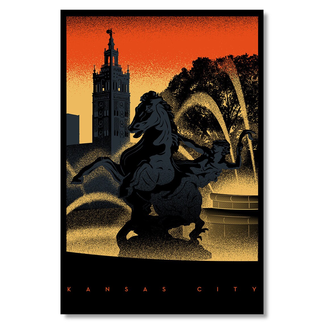 Kansas City Plaza Horse Fountain Sunset Landmark Travel Poster