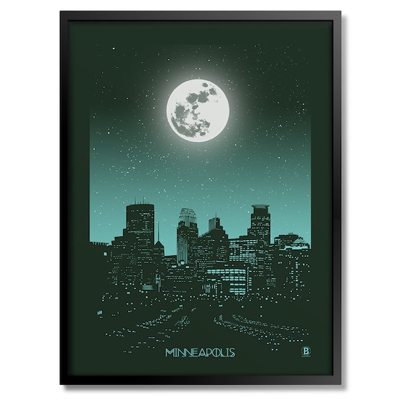 Minneapolis Moonlit Sky Full Moon Stars City Skyline Art Poster