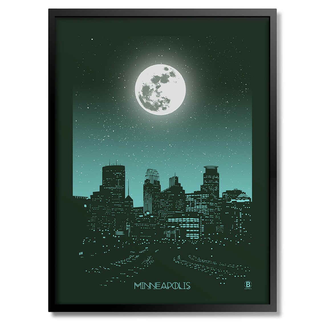 Minneapolis Moonlit Sky Full Moon Stars City Skyline Art Poster