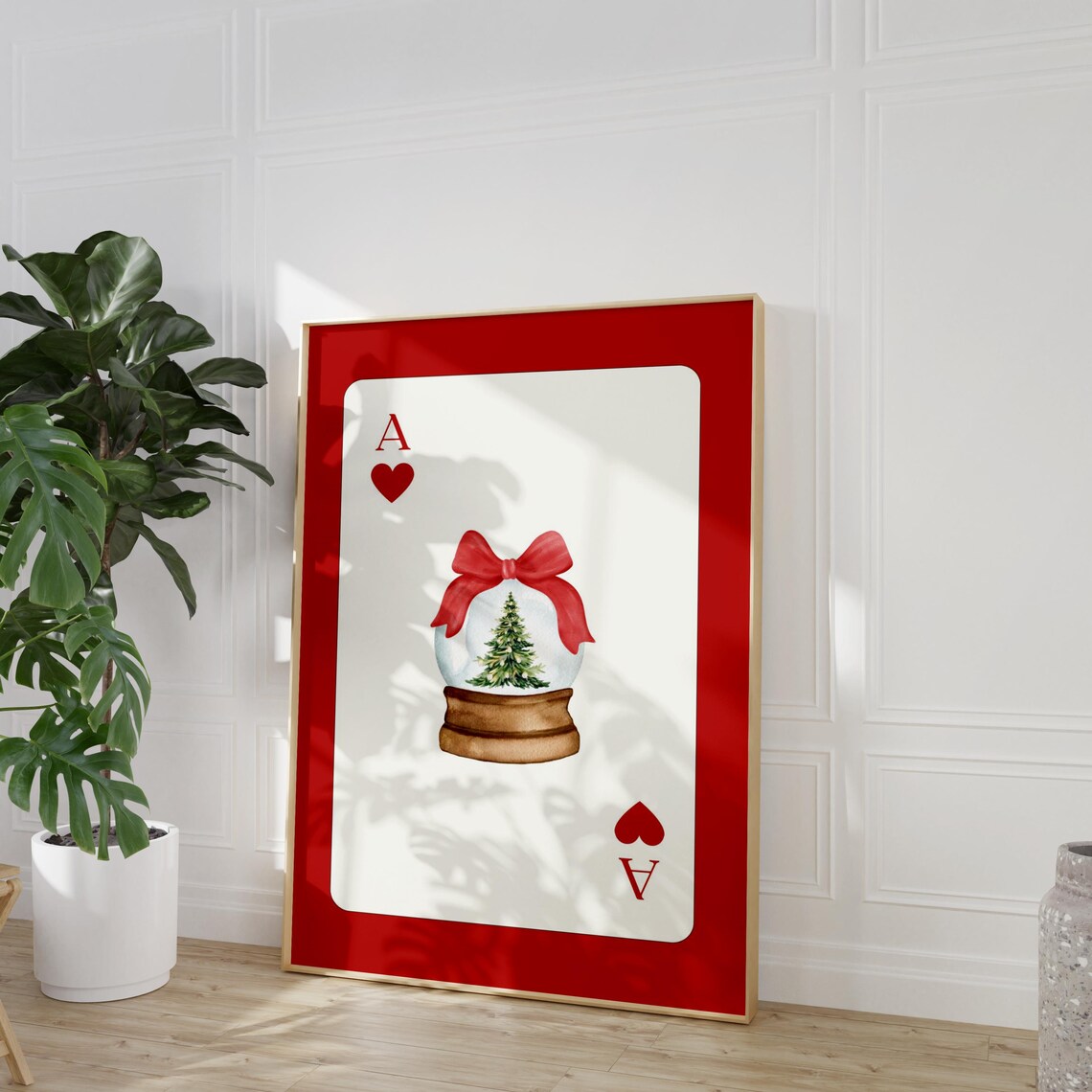 Christmas Ace of Hearts Snow Globe Tree Red Bow Playing Card Poster - Image 3