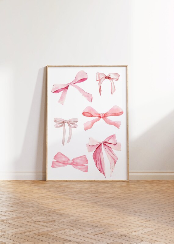 Trendy Pink Bow Print Coquette Cute Girly Wall Art Preppy Watercolor Bows Soft Pink Pastel Poster Ribbon Bow Balletcore