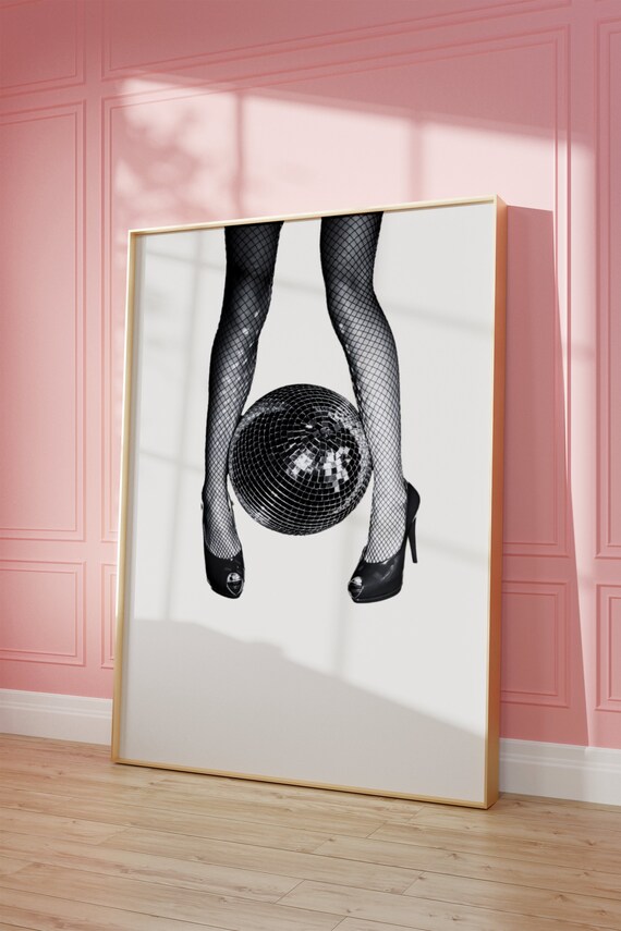 Disco Ball Between Fishnet Heels Black White Party Photo Wall Art