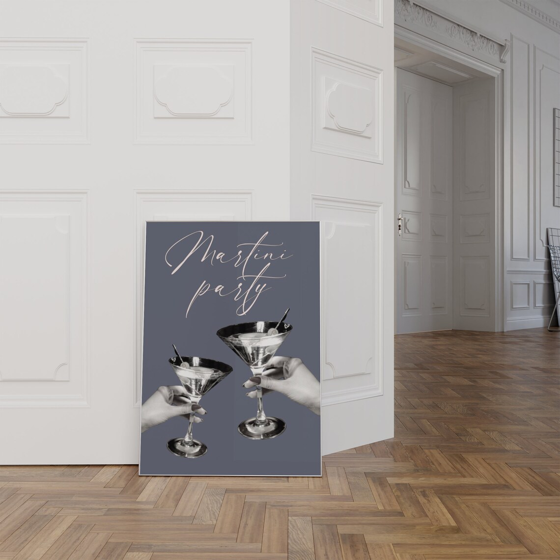 Martini Party Quote Navy Elegant Bar Cart Cocktail Chic Wall Art