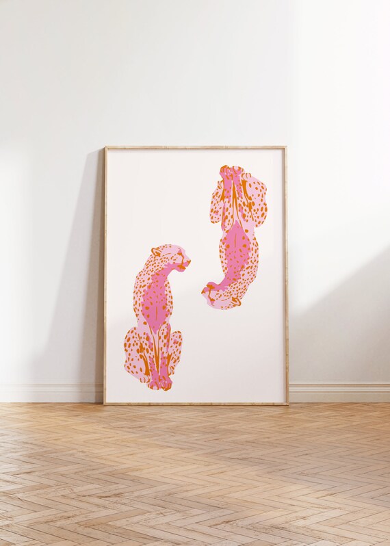 Pink Orange Cheetah Duo Playful Spotted Cat Art Funky Wall Poster