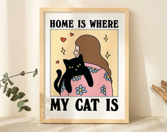 Home Is Where My Cat Is Black Cat Hug Retro Wholesome Poster