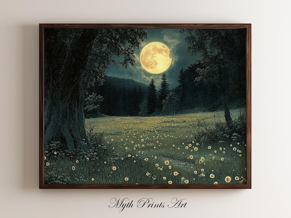 Moonlight Meadow Print Nature Full Moon Painting Wall Art Moody Scenery Vintage Antique