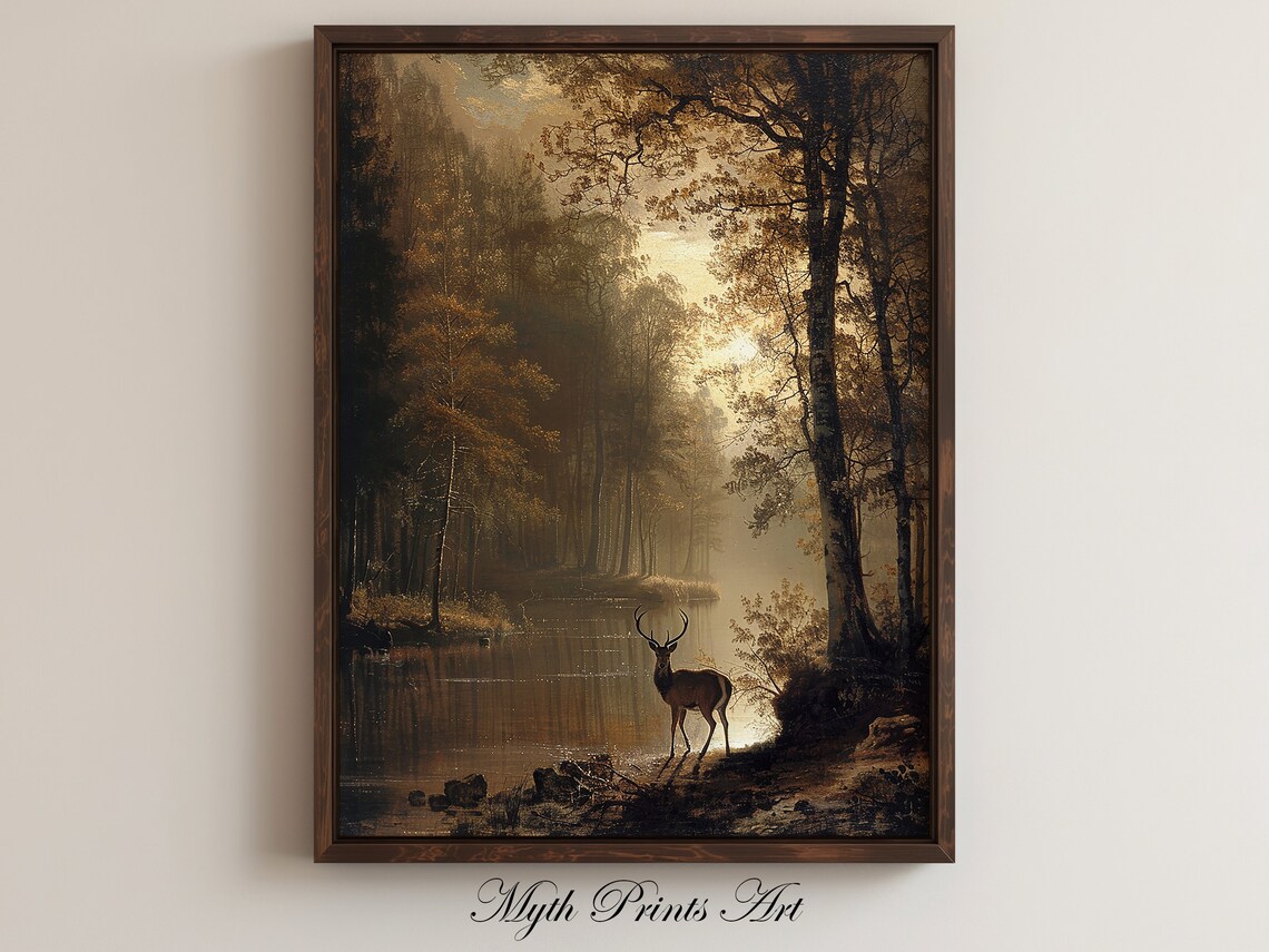 Deer at Sunrise River Forest Moody Vintage Oil Painting Poster