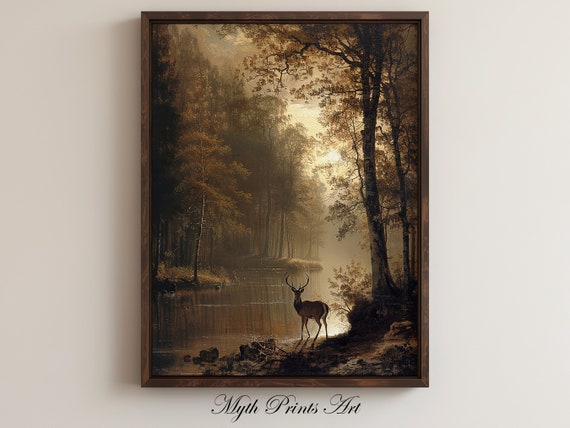 Deer Sunrise River Landscape Print Atmospheric Rustic Oil Painting Vintage Antique Art Wildlife Animals Wall