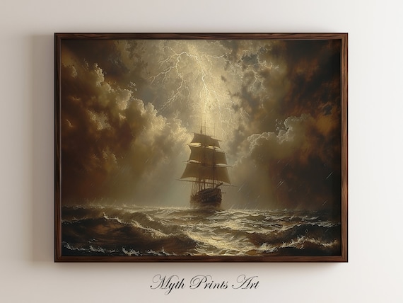 Dramatic Tall Ship In Lightning Storm Ocean Waves Painting Poster