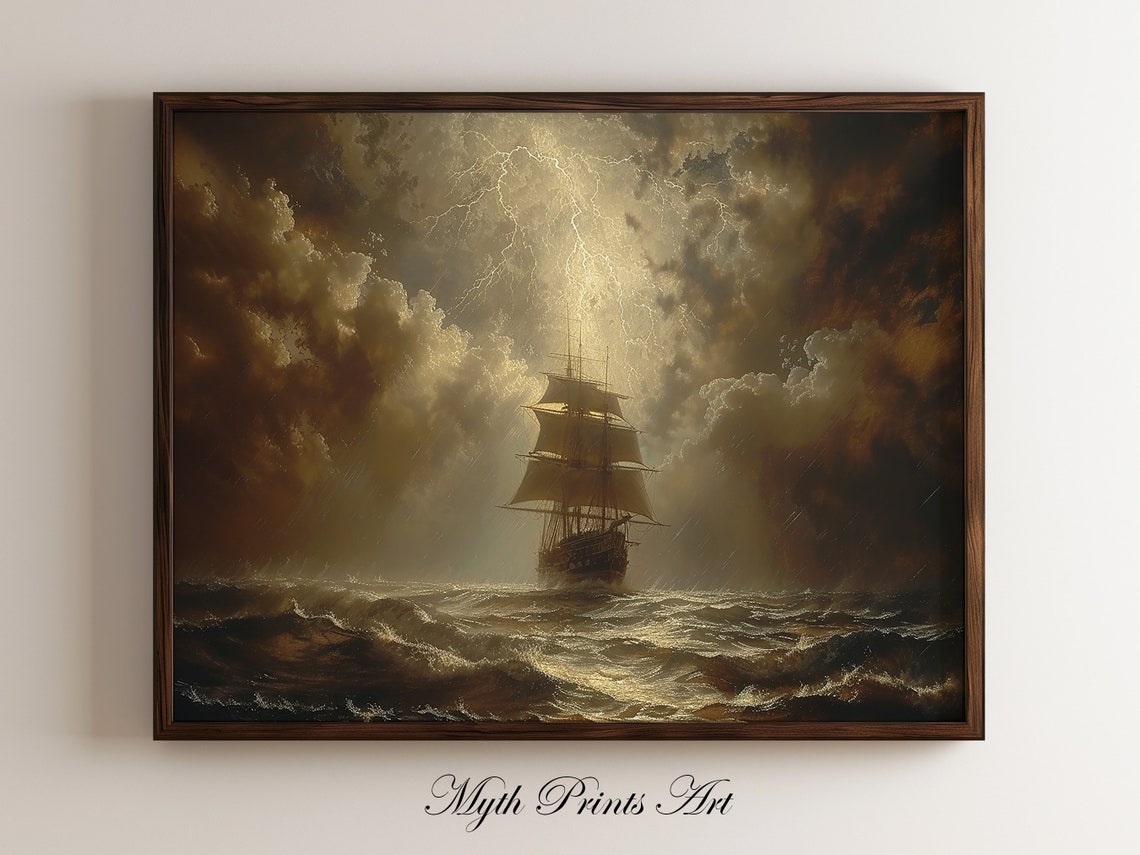 Dramatic Tall Ship In Lightning Storm Ocean Waves Painting Poster