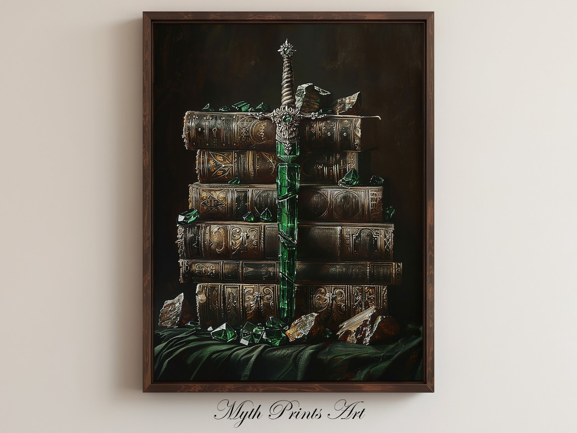 Emerald Dagger and Books Art Print, Dark Academia