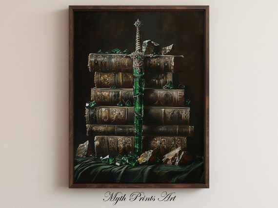Emerald Dagger and Books Art Print, Dark Academia