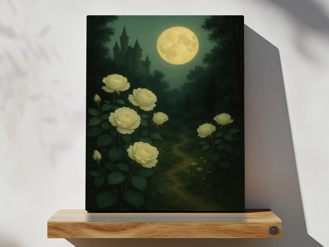 Moonlit White Roses Garden Castle Full Moon Dark Floral Art Poster