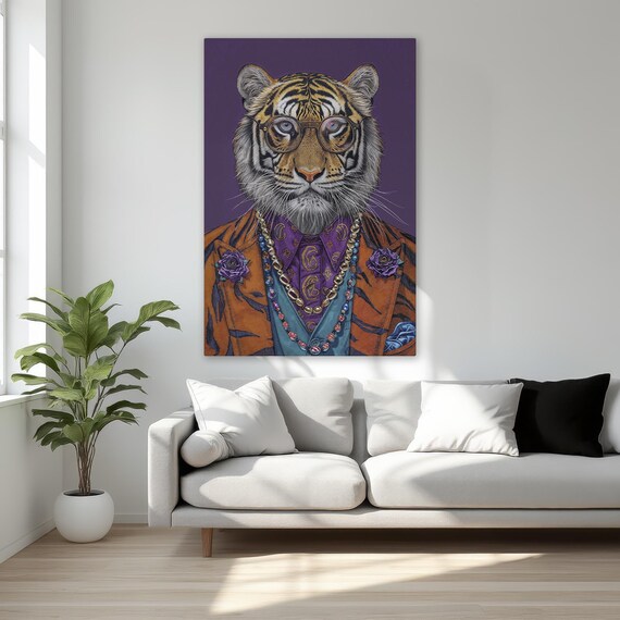 Dapper Tiger In Suit With Glasses Funky Animal Portrait Wall Art