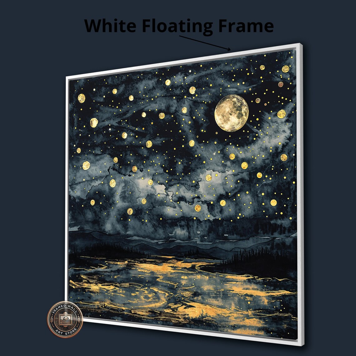 Golden Moonlit Night Sky Stars Celestial Lake Mystical Art Poster - Image 3