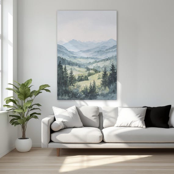 Misty Mountain Serenity Framed Canvas Print Landscape Decor Green Nature Wall Art Minimalist Scene Ready To Hang