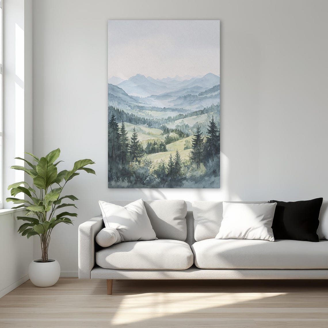 Misty Mountain Valley Pine Forest Watercolor Landscape Poster