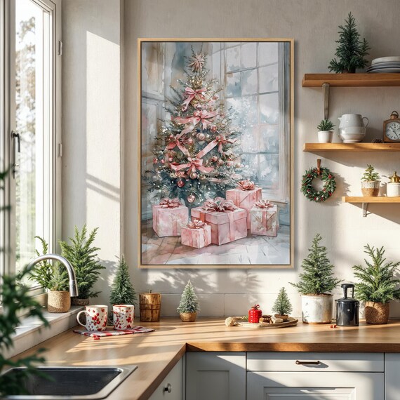 Pink Ribbon Christmas Tree Watercolor Cozy Holiday Wall Poster
