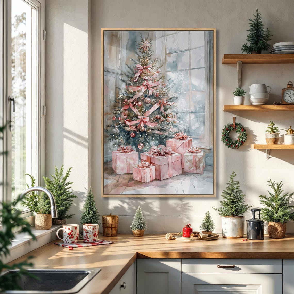 Pink Ribbon Christmas Tree Watercolor Cozy Holiday Wall Poster