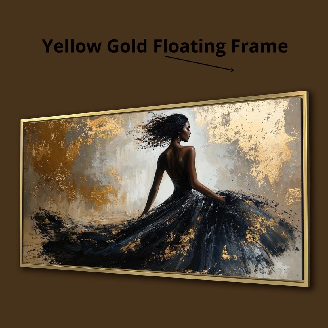 Elegant Woman In Black Dress Flowing Gold Abstract Fashion Art Poster - Image 2