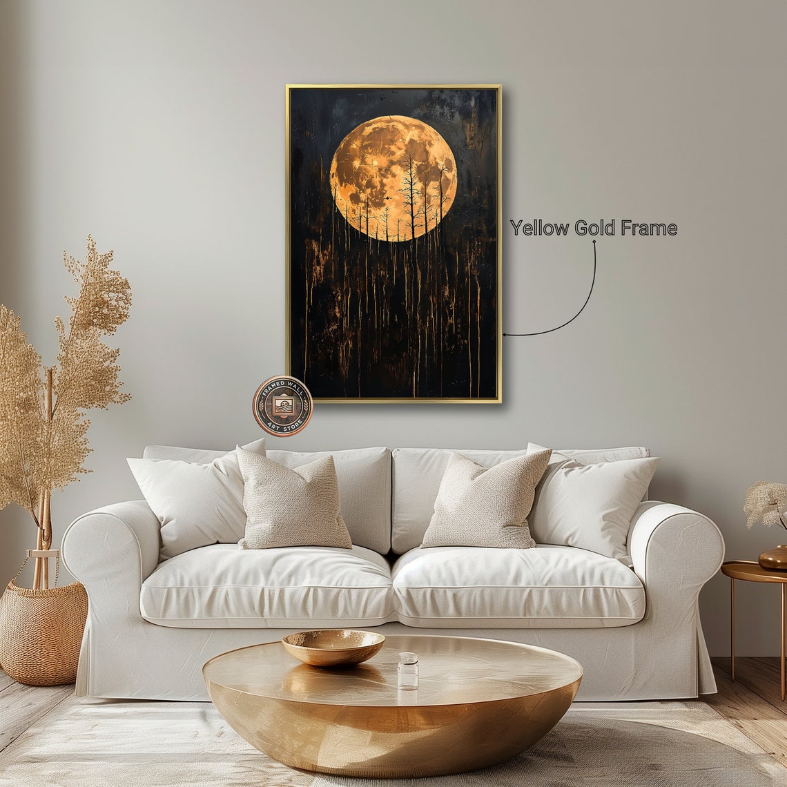 Golden Full Moon Dark Bare Forest Eerie Night Landscape Art Poster - Image 2
