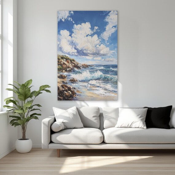 Dramatic Ocean Waves Rocky Coast Seascape Oil Painting Poster