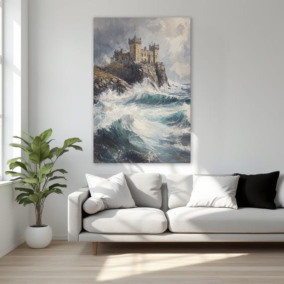 Medieval Castle Overlooking Stormy Sea Framed Canvas Print Blue Ocean Waves Wall Art Seascape Decor For Home Ready To Hang