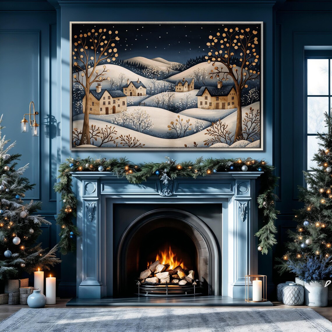 Folk Art Winter Village Snowy Hills Cottages Night Holiday Art Poster - Image 5