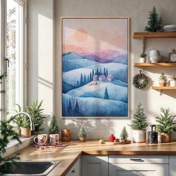 Pastel Pink Sunrise Over Snowy Winter Mountains Watercolor Poster