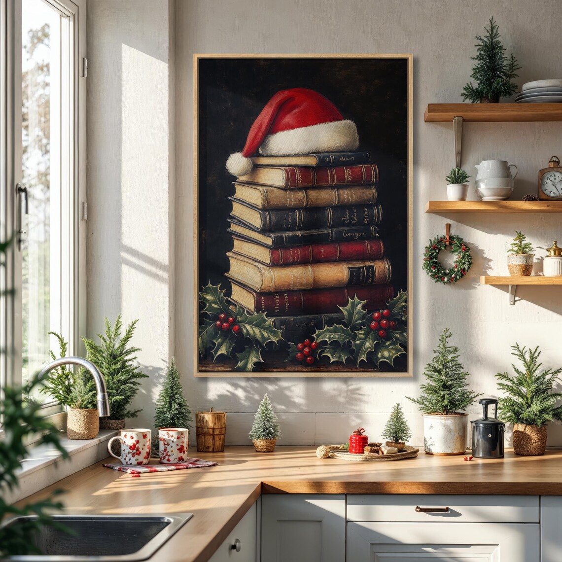 Vintage Books Stack With Santa Hat Holly Christmas Holiday Wall Decor Poster