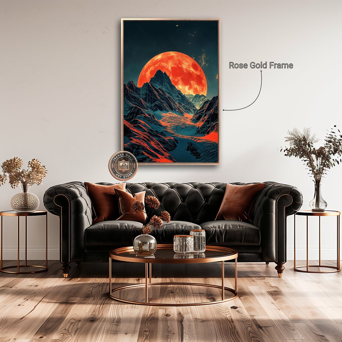 Red Moon Over Mountains Framed Wall Art Moonlight Mountain Landscape Art Print Surreal Wall Decor Dark Night Sky Poster Ready To Hang - Image 5