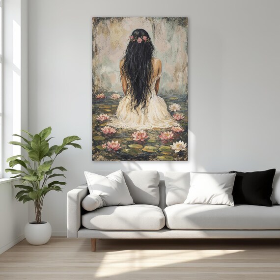 Woman In White Dress Water Lilies Pond From Behind Fairy Art Poster