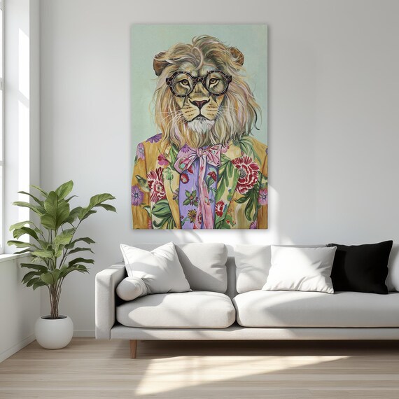 Anthropomorphic Lion In A Floral Suit Framed Canvas Print Surreal Fashion Animal Colorful Wall Decor Best Gift For Him Ready To Hang