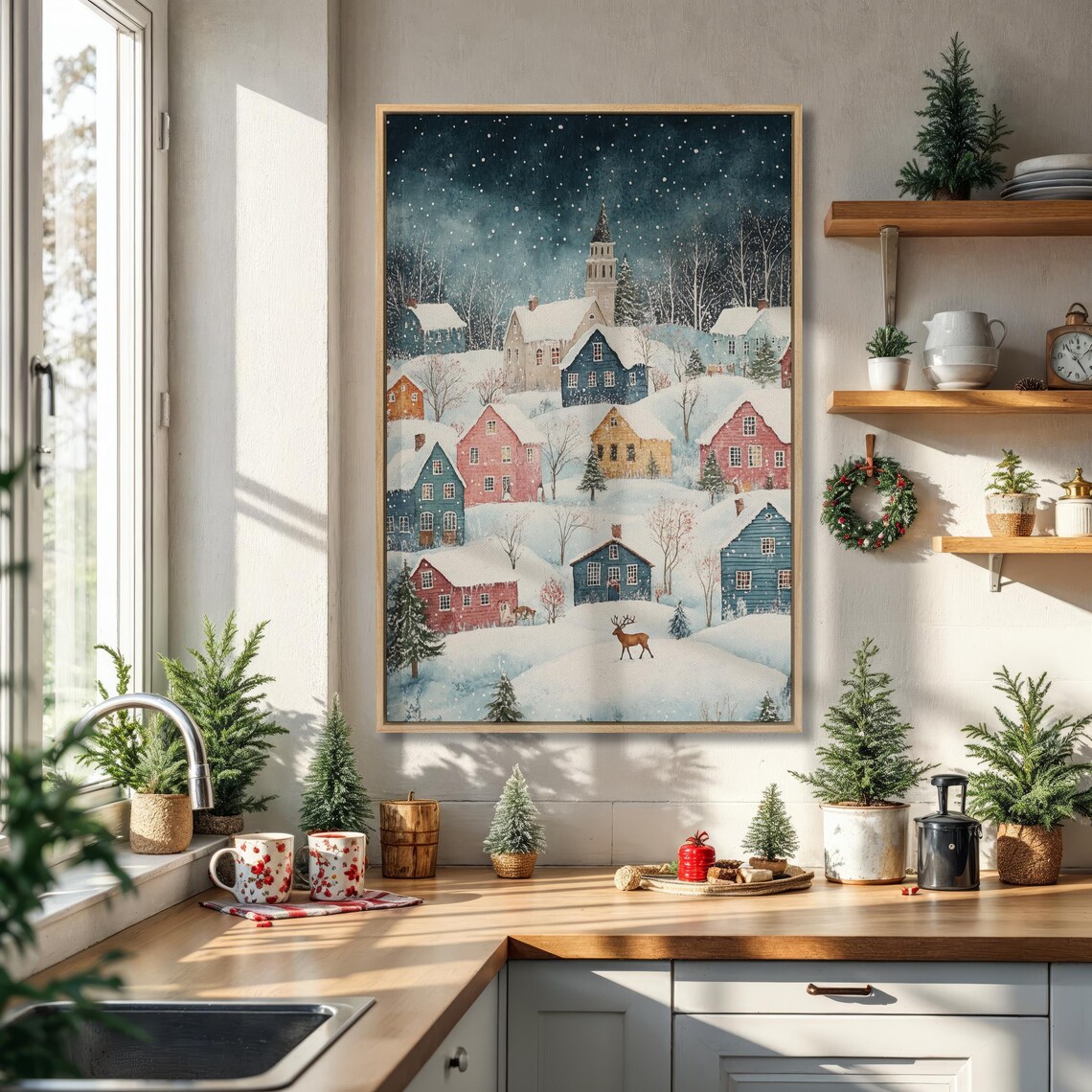 Whimsical Snowy Village Winter Night With Colorful Houses Poster