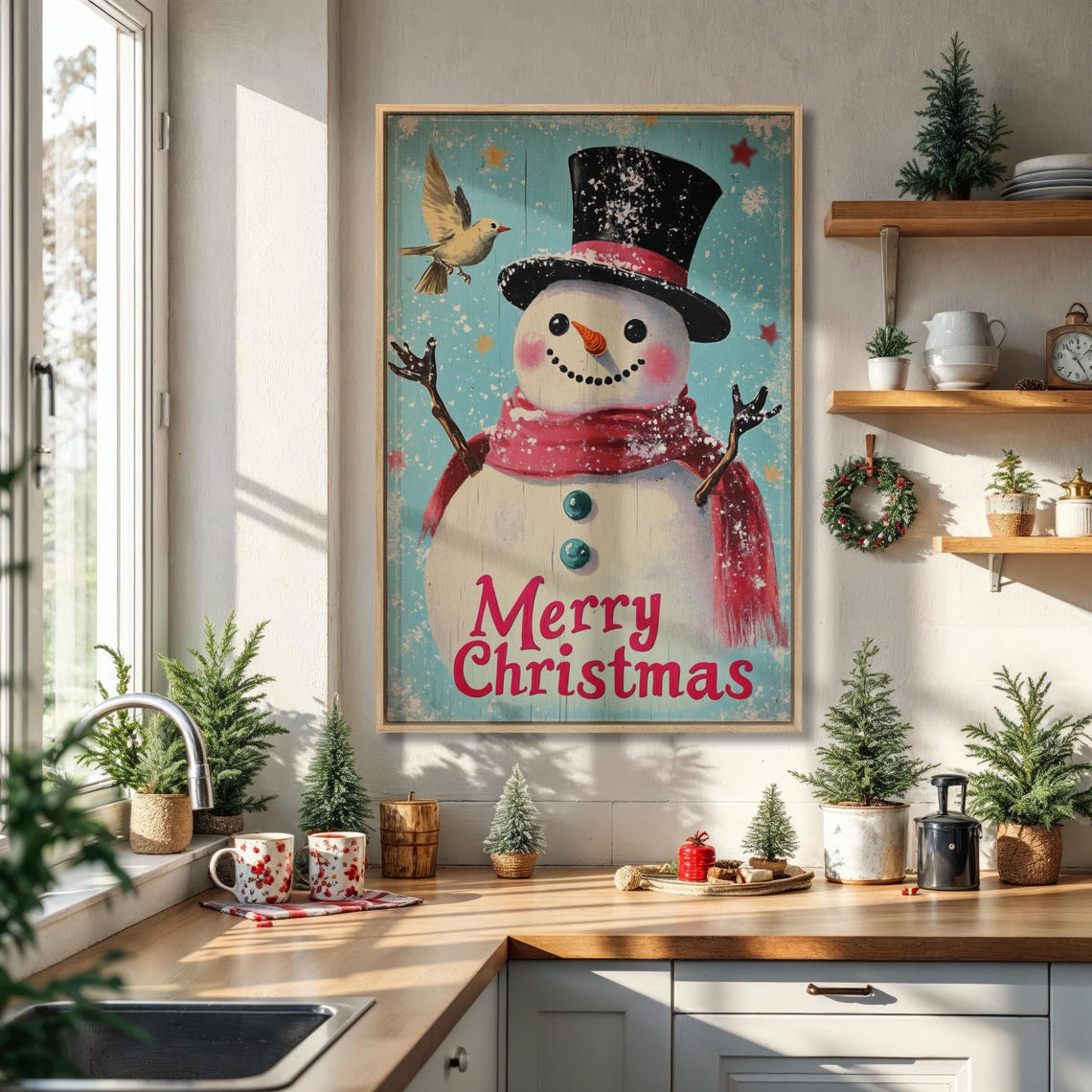 Vintage Snowman With Bird Merry Christmas Retro Canvas Poster