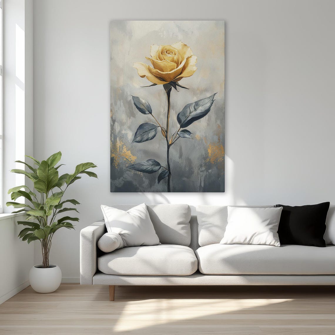 Yellow Rose Single Stem Gray Background Vintage Floral Poster