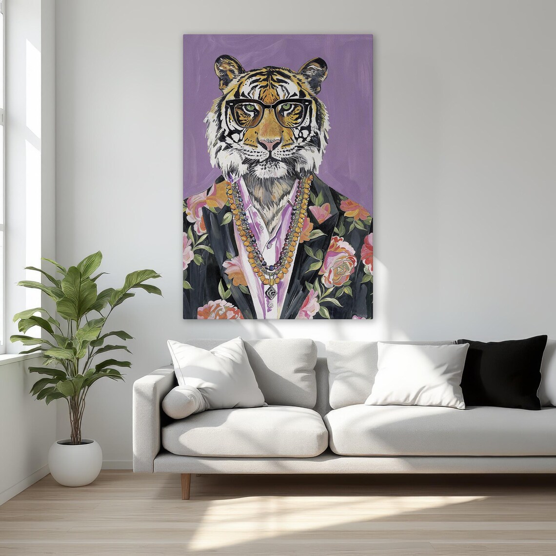 Tiger in Glasses Wearing a Floral Blazer Funny Animal Portrait Poster
