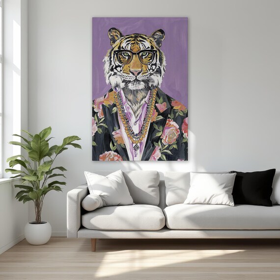 Surreal Tiger In Glasses Vibrant Animal Portrait Framed Canvas Print Trendy Fashion Wall Decor Funky Art Ready To Hang