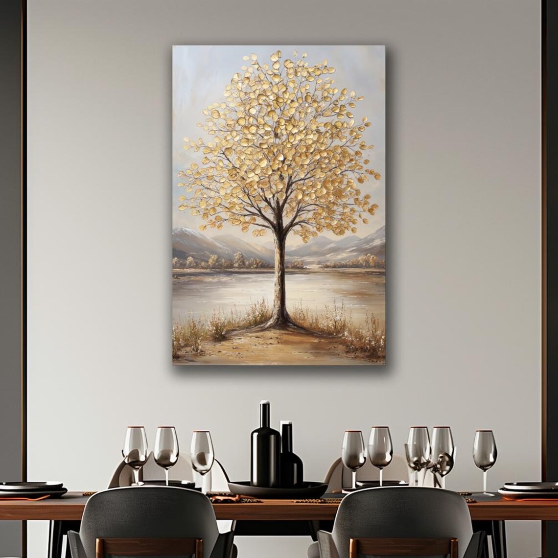 Golden Leaf Tree Art Print, Serene Landscape