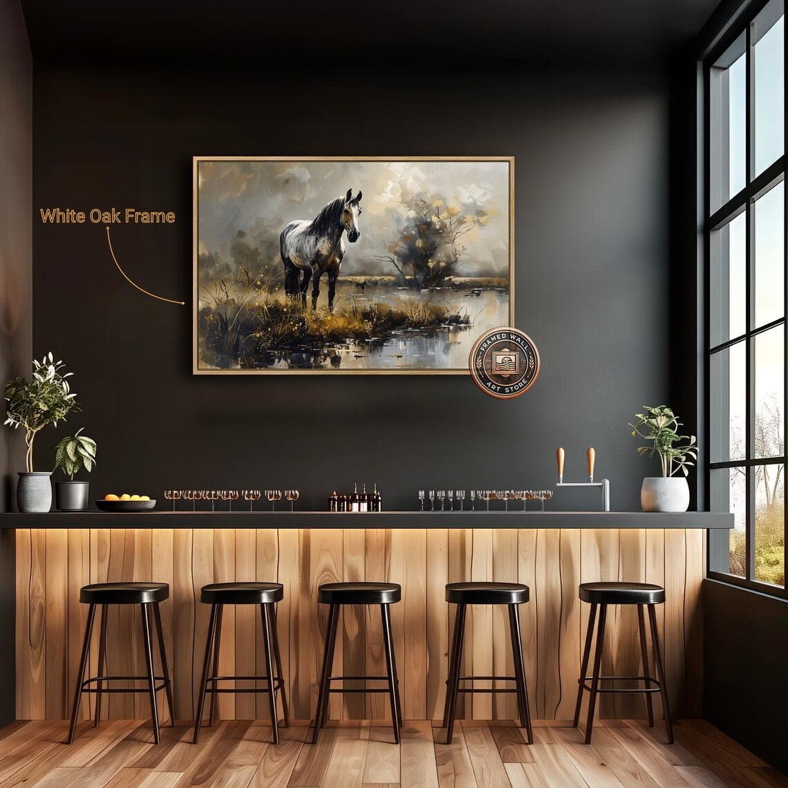 Gray Stallion by a Misty Pond, Rustic Landscape Art Print - Image 2